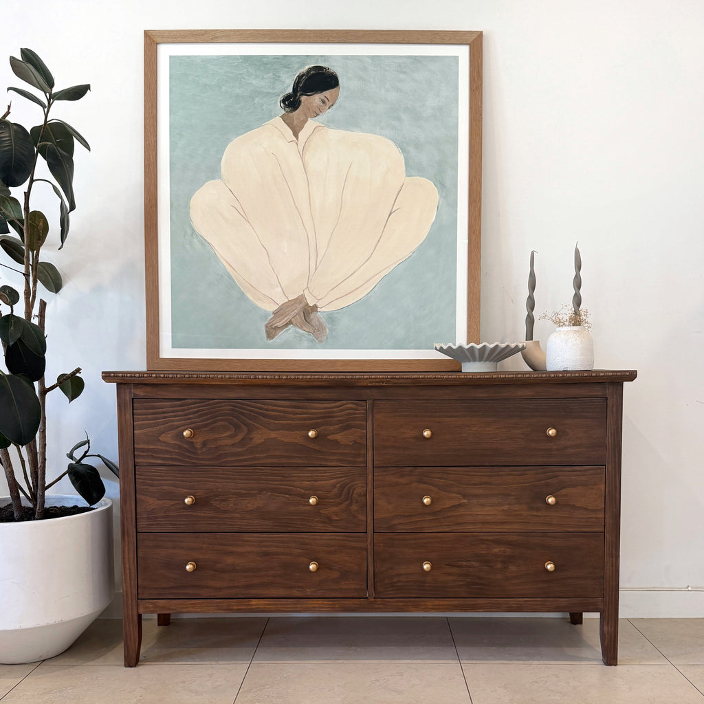 Vintage Style Low Six Drawer Dresser in Brown Japan with Brass Knobs and Bead Detailing