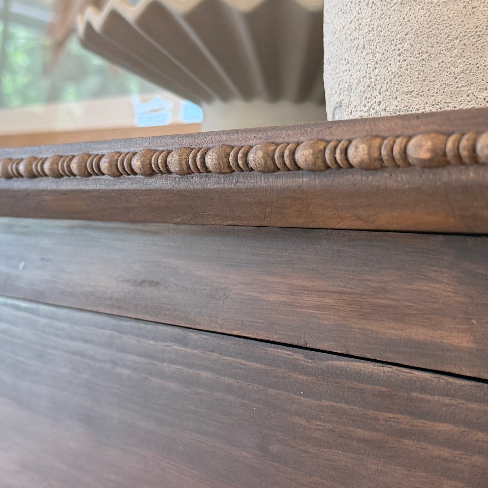 Vintage Style Low Six Drawer Dresser in Brown Japan with Brass Knobs and Bead Detailing