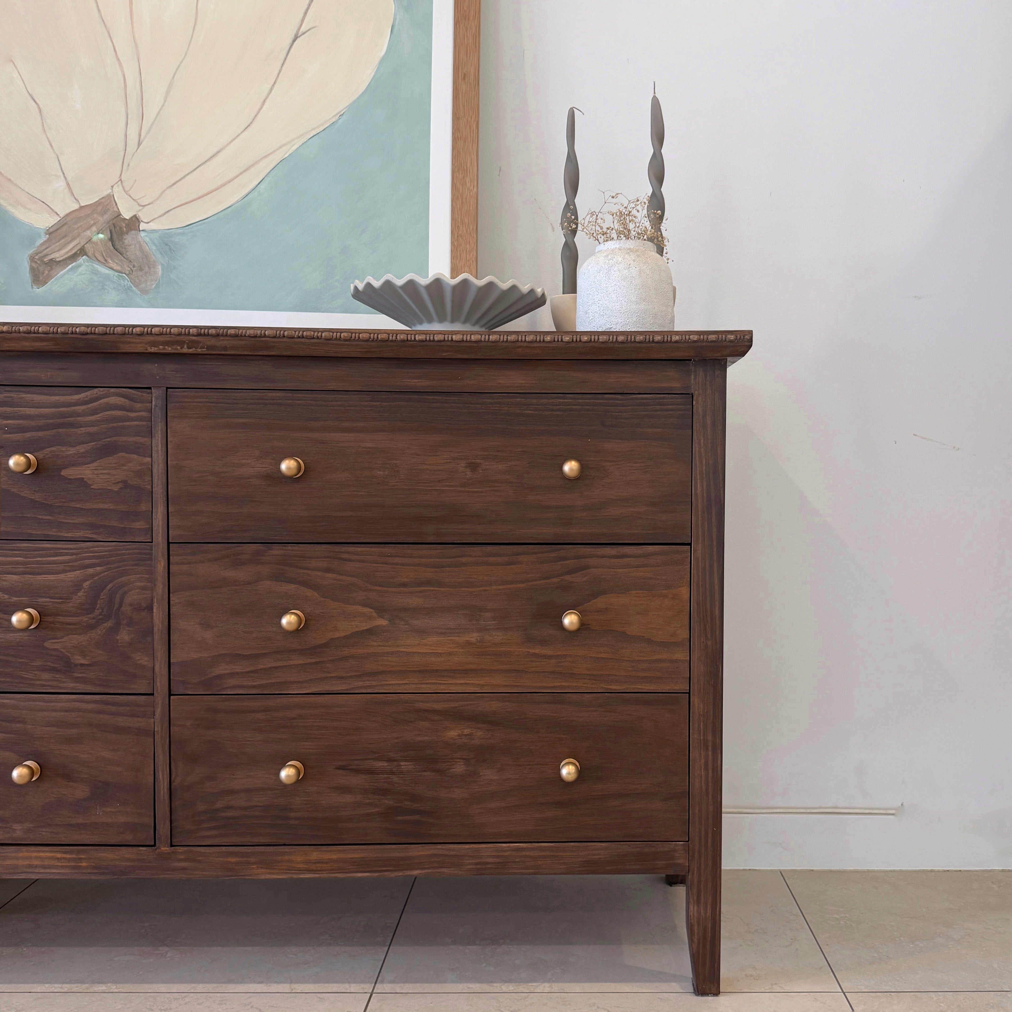 Vintage Style Low Six Drawer Dresser in Brown Japan with Brass Knobs and Bead Detailing