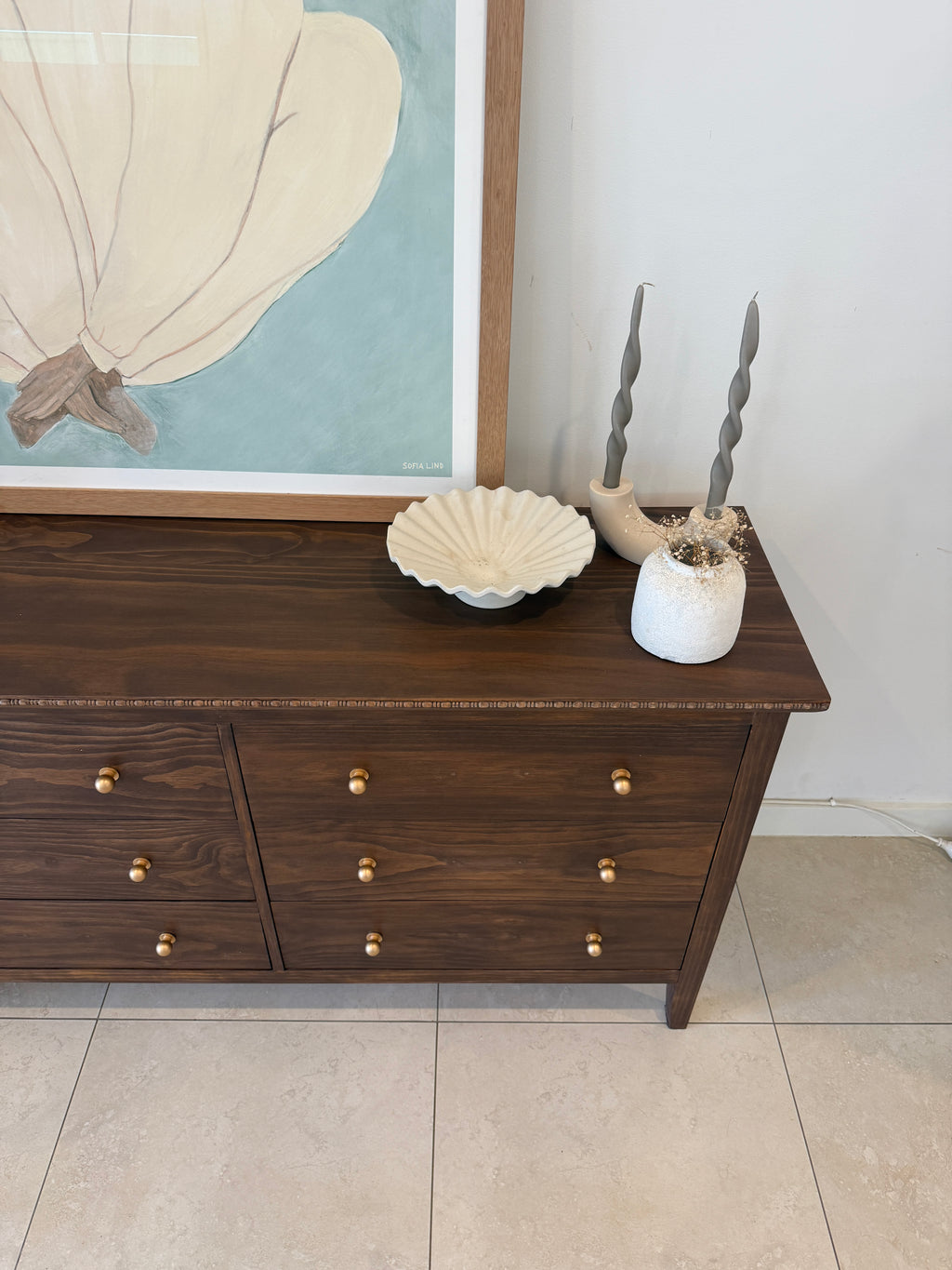 Vintage Style Low Six Drawer Dresser in Brown Japan with Brass Knobs and Bead Detailing