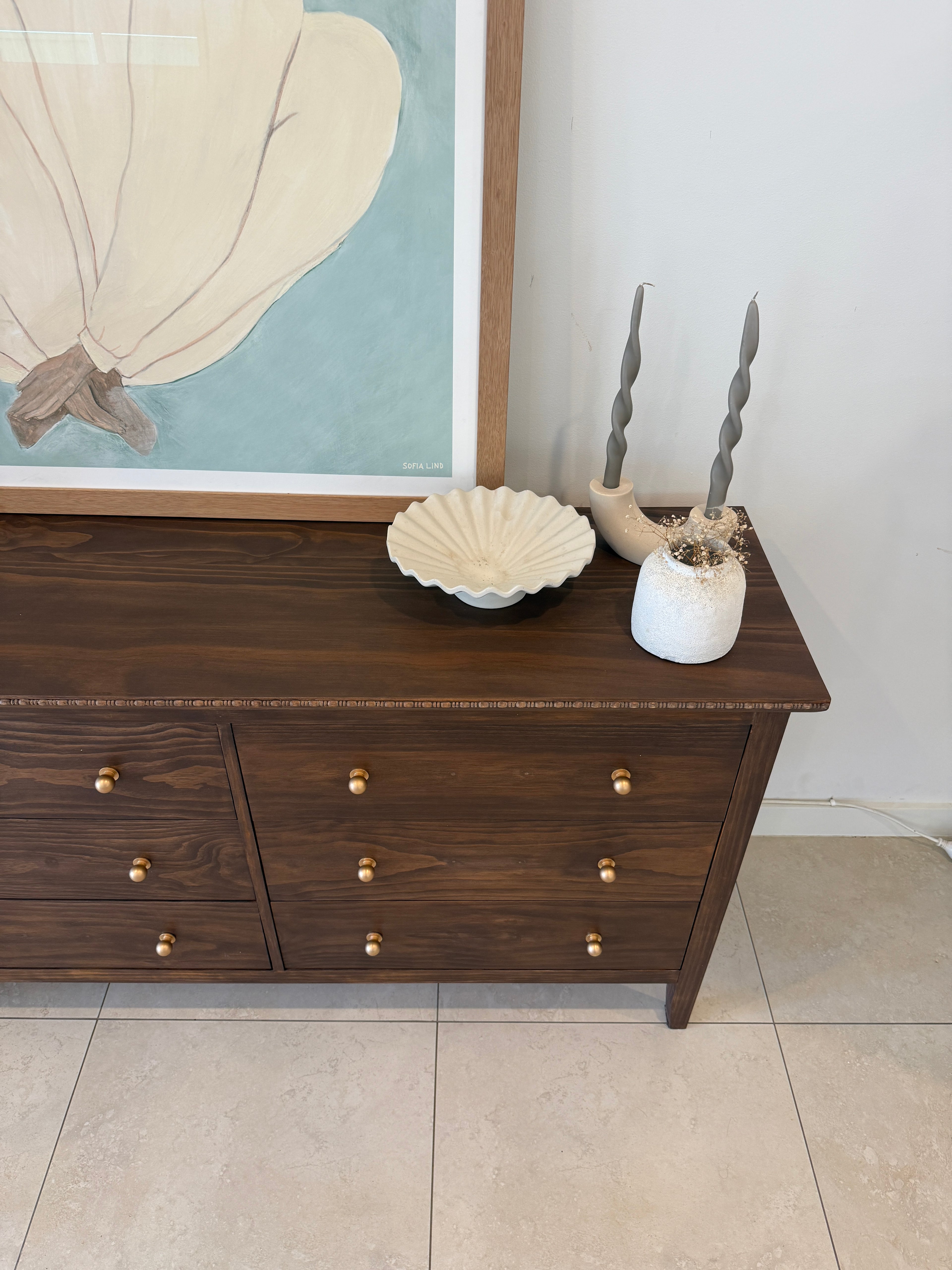 Vintage Style Low Six Drawer Dresser in Brown Japan with Brass Knobs and Bead Detailing