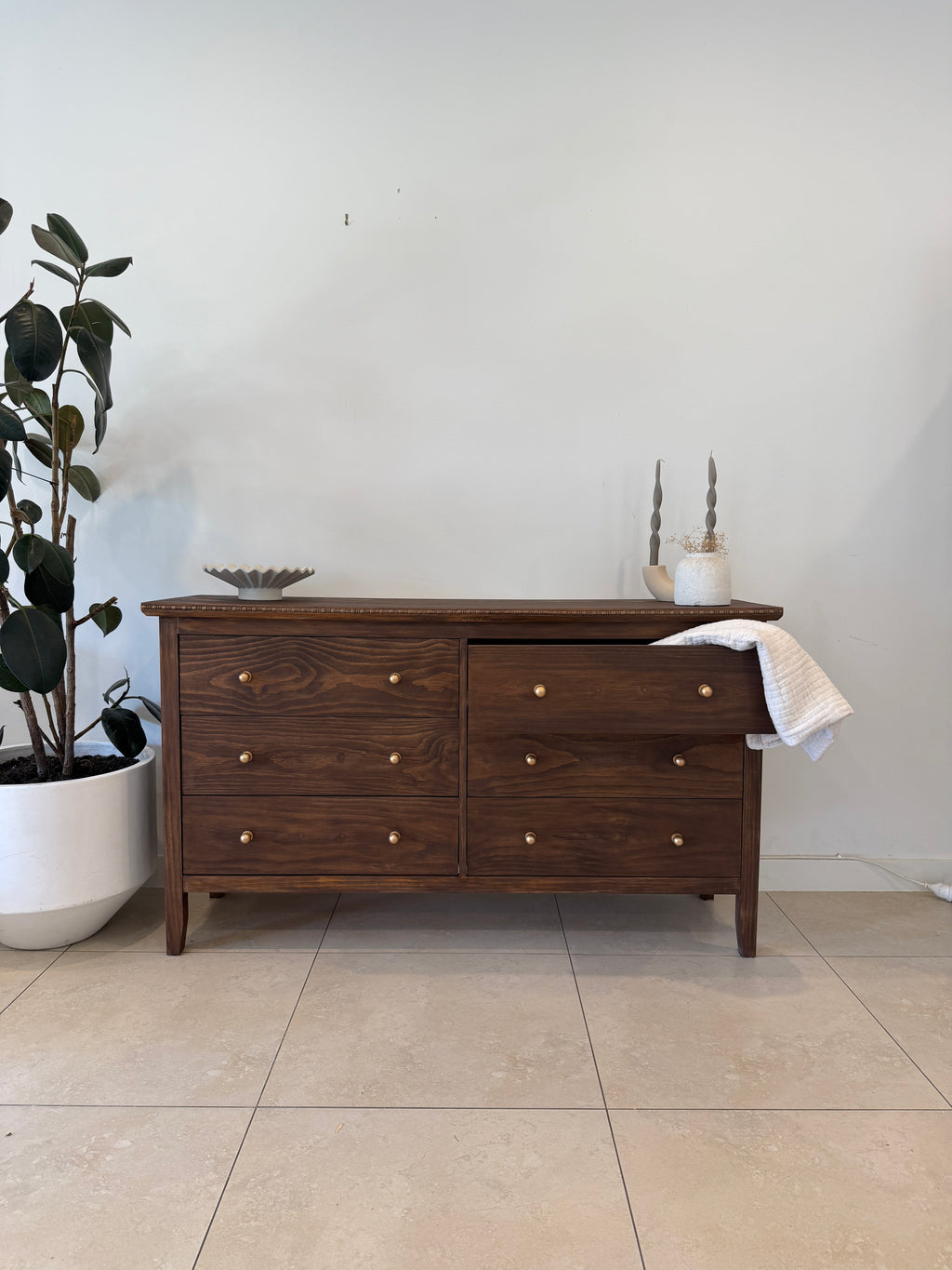 Vintage Style Low Six Drawer Dresser in Brown Japan with Brass Knobs and Bead Detailing