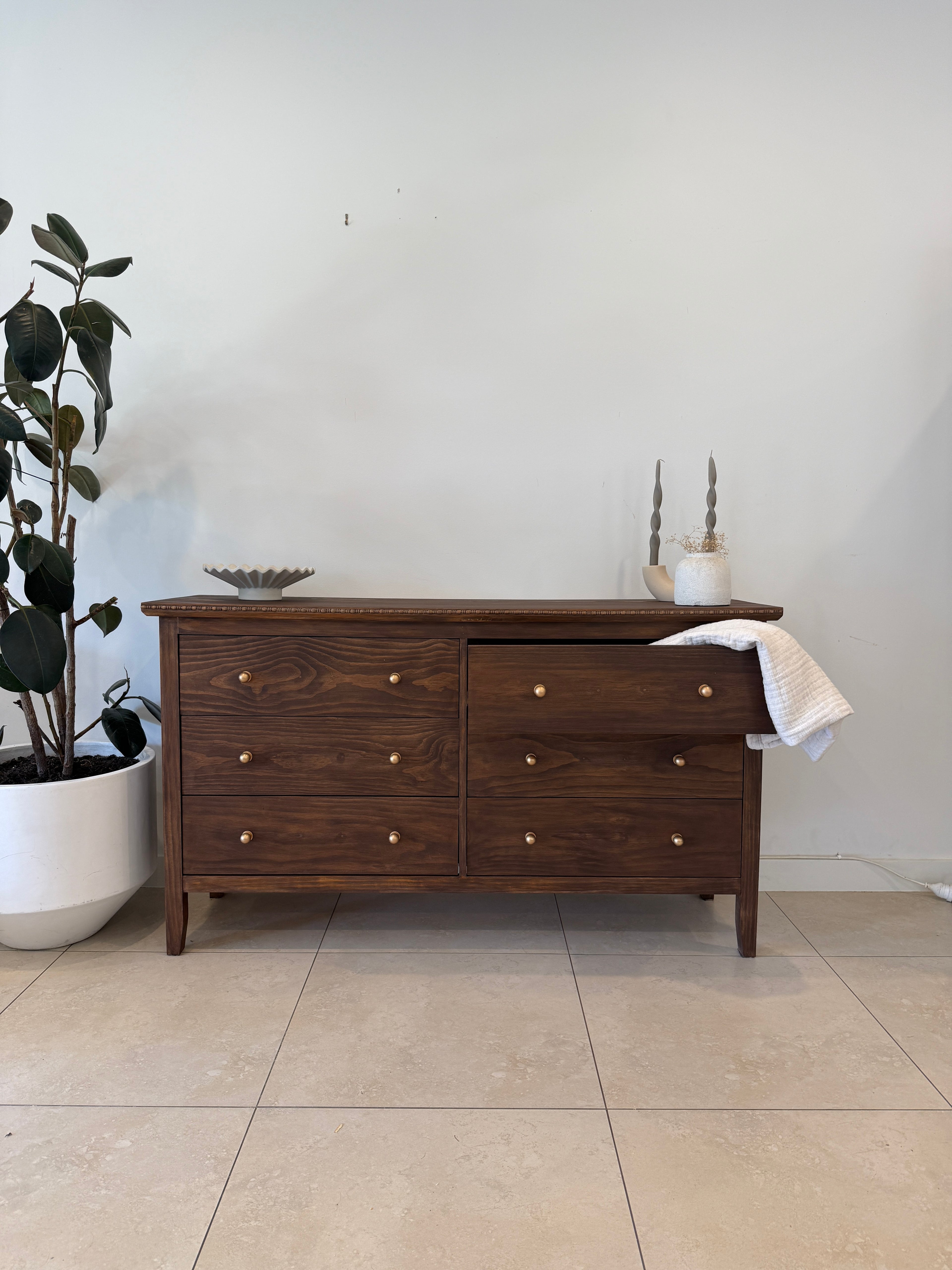 Vintage Style Low Six Drawer Dresser in Brown Japan with Brass Knobs and Bead Detailing
