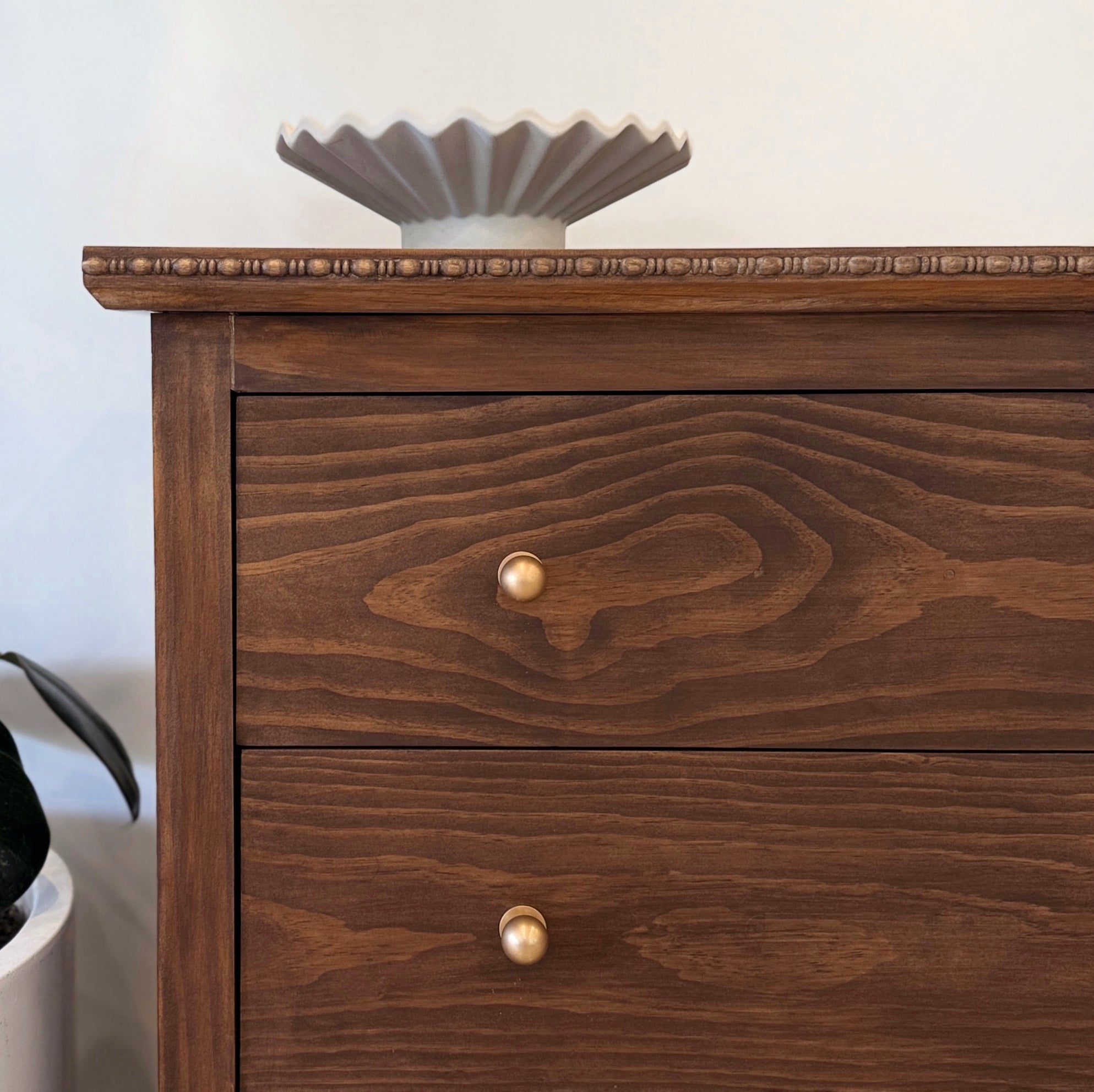Vintage Style Low Six Drawer Dresser in Brown Japan with Brass Knobs and Bead Detailing