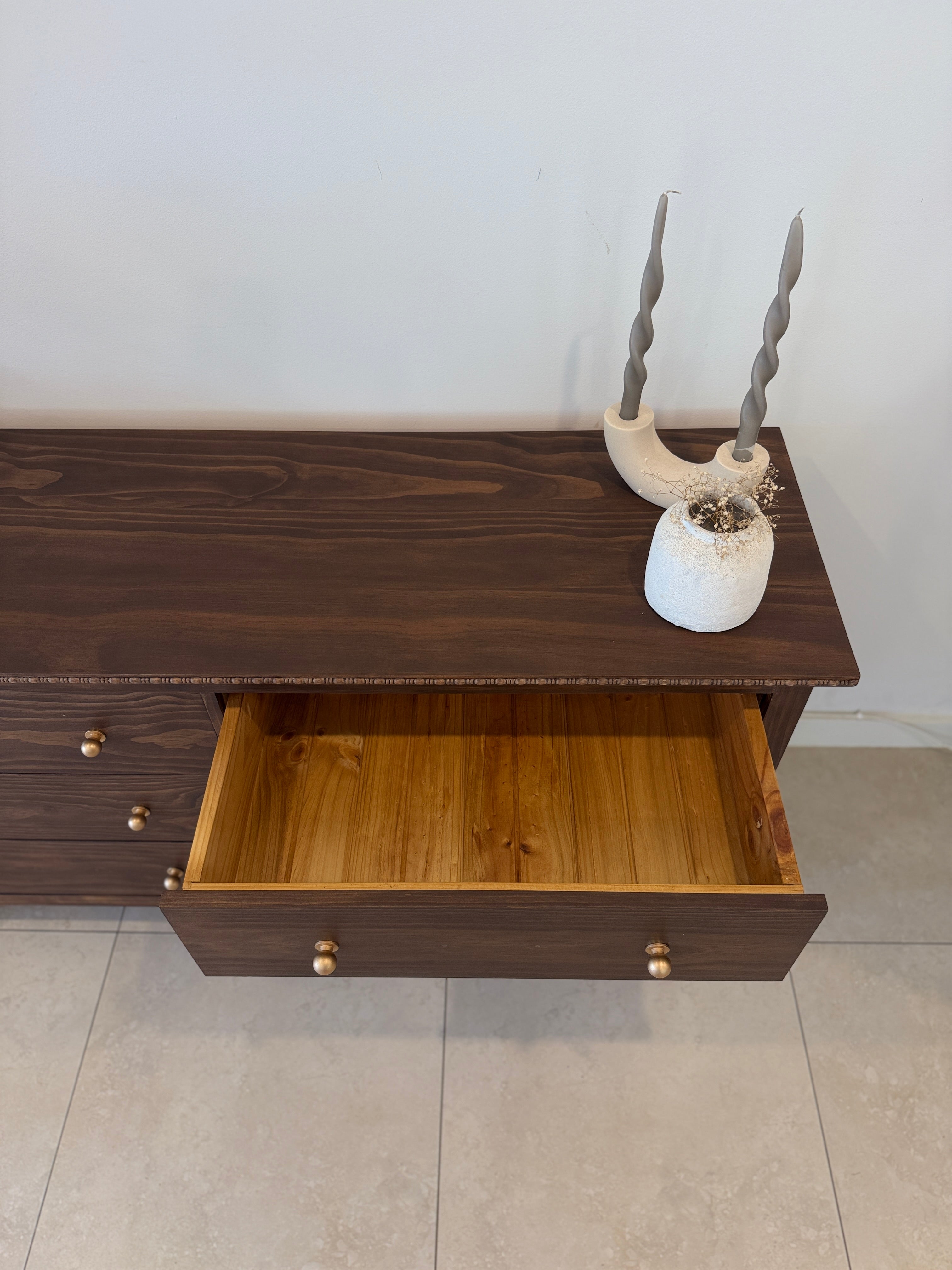 Vintage Style Low Six Drawer Dresser in Brown Japan with Brass Knobs and Bead Detailing