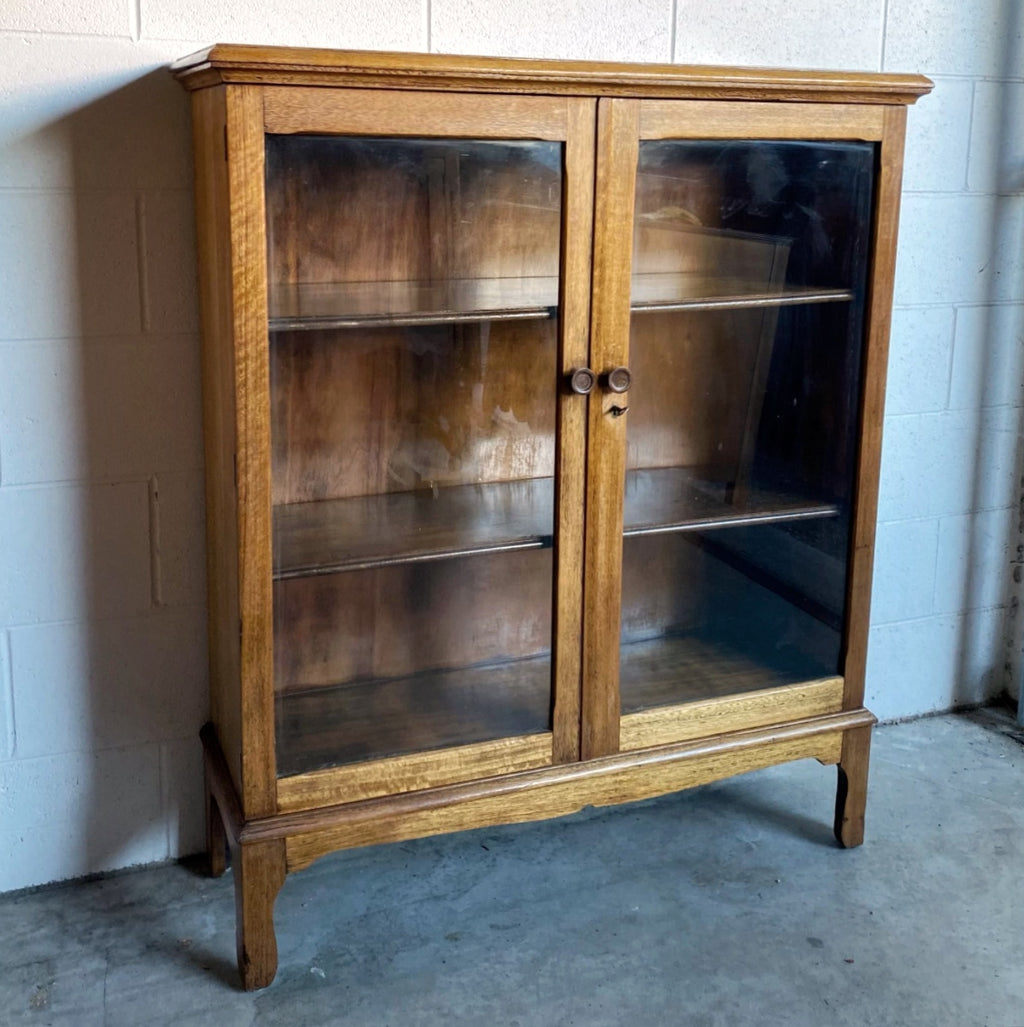 Antique Solid Oak Bookcase | Display Cabinet With Glass Doors and Adjustable Shelves