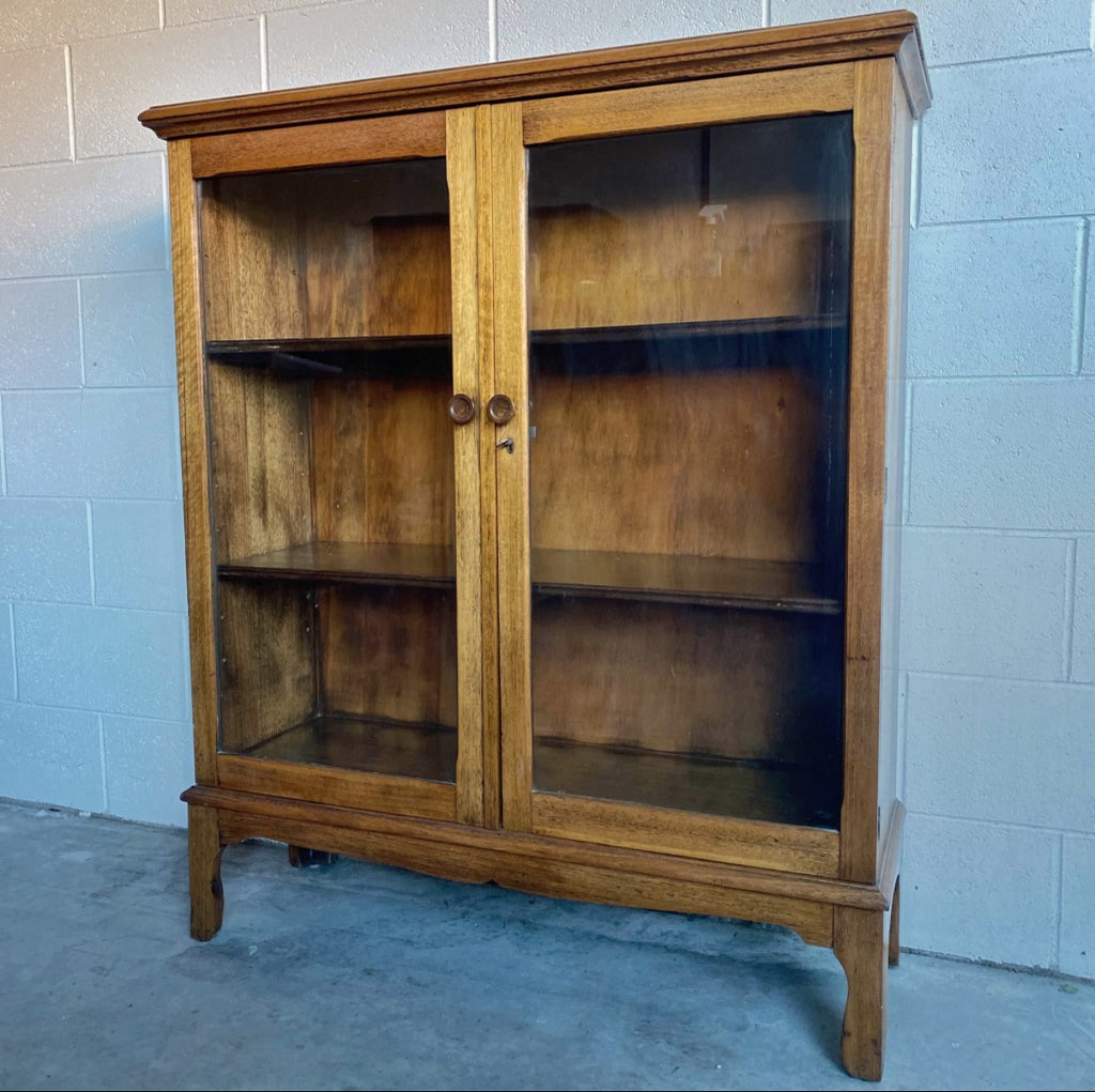 Antique Solid Oak Bookcase | Display Cabinet With Glass Doors and Adjustable Shelves